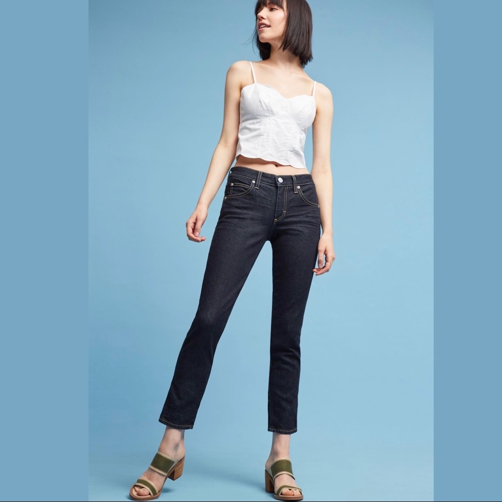 NWT AMO Bow Mid-Rise Straight Dark Blue Cropped Jeans